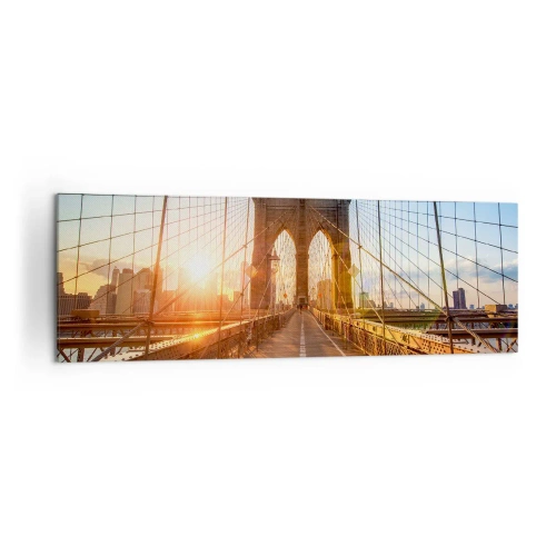 Cuadro sobre lienzo - Impresión de Imagen - El puente a la luz del sol poniente con vistas a la ciudad. - 160x50cm - En el puente dorado - Decoración de pared moderna para salón y dormitorio ARTTOR