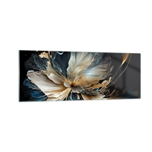 Cuadro sobre vidrio - Impresiones sobre Vidrio - Una flor en tonos dorados y azul marino sobre un fondo negro. - 140x50cm - Flor de helecho de cuento - Decoración de pared moderna para salón y dormitorio ARTTOR
