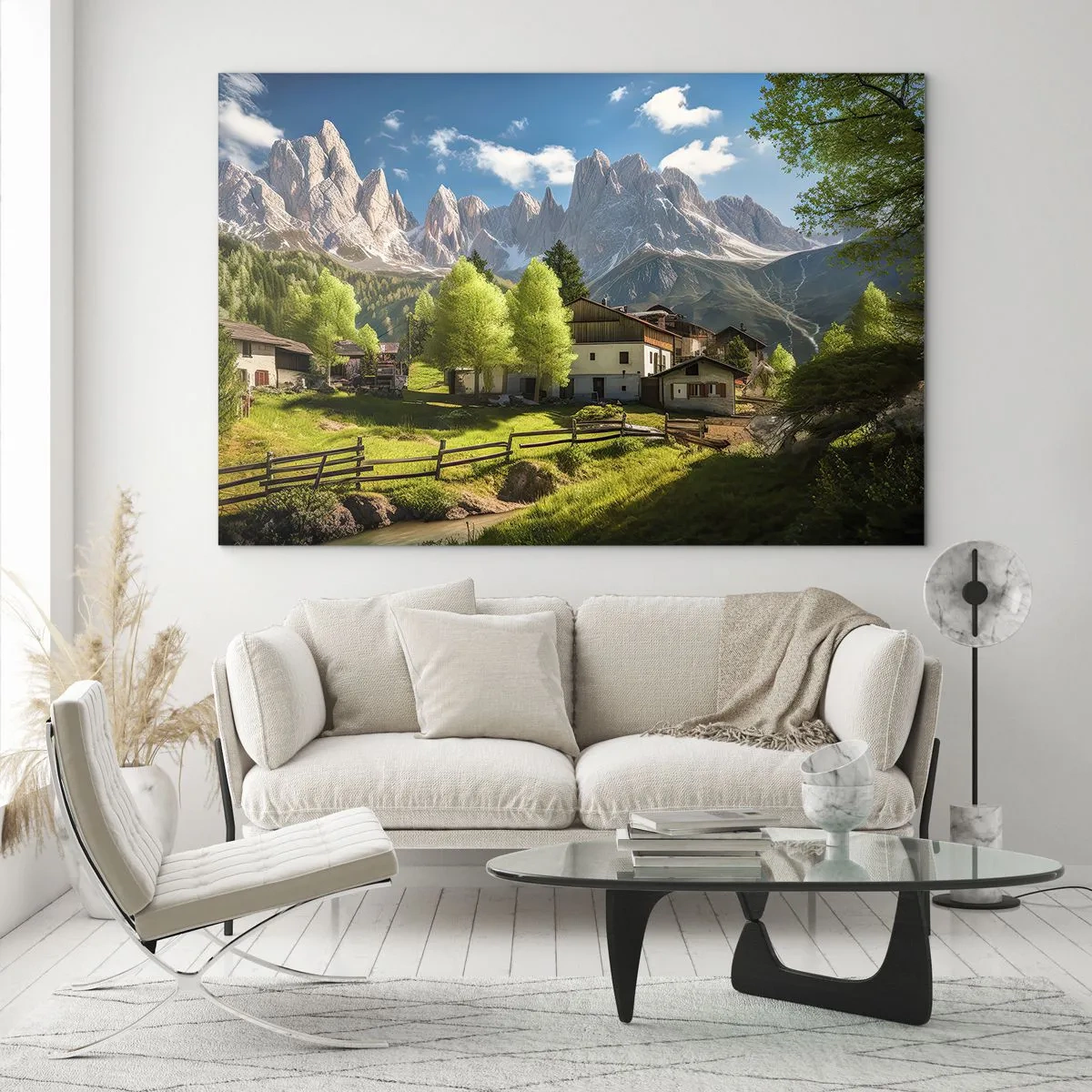 Cuadro sobre vidrio - Impresiones sobre Vidrio - Desarrollo rural en un entorno verde al pie de los picos alpinos - 70x50cm - Idilio alpino - Decoración de pared moderna para salón y dormitorio ARTTOR