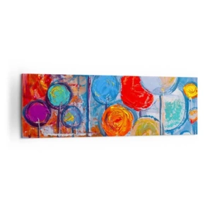 Cuadro sobre lienzo - Impresión de Imagen - Árboles abstractos coloridos sobre un fondo azul - 160x50cm - Milagros en un palo - Decoración de pared moderna para salón y dormitorio ARTTOR