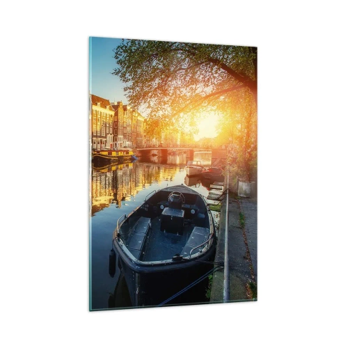 Cuadro sobre vidrio - Impresiones sobre Vidrio - Canal de Ámsterdam al atardecer - 80x120cm - Mañana en Ámsterdam - Decoración de pared moderna para salón y dormitorio ARTTOR