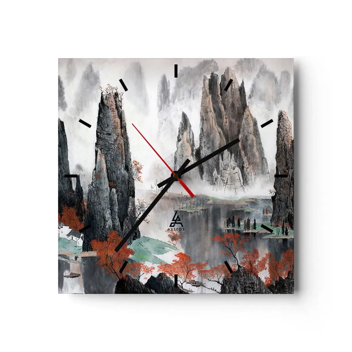 Reloj de pared - Reloj de vidrio - Rocas y árboles pintorescos en el brumoso paisaje chino - 30x30cm - Poderosos guardianes - Decoración de pared moderna para salón y dormitorio ARTTOR
