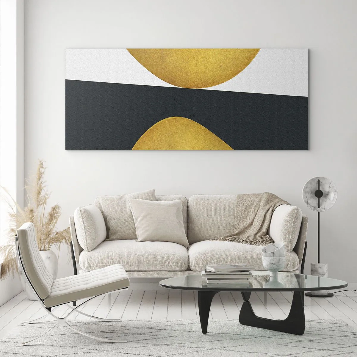 Cuadro sobre vidrio - Impresiones sobre Vidrio - Formas geométricas en dorado sobre fondo blanco y oscuro. - 120x50cm - Blanco, negro, dorado - Decoración de pared moderna para salón y dormitorio ARTTOR