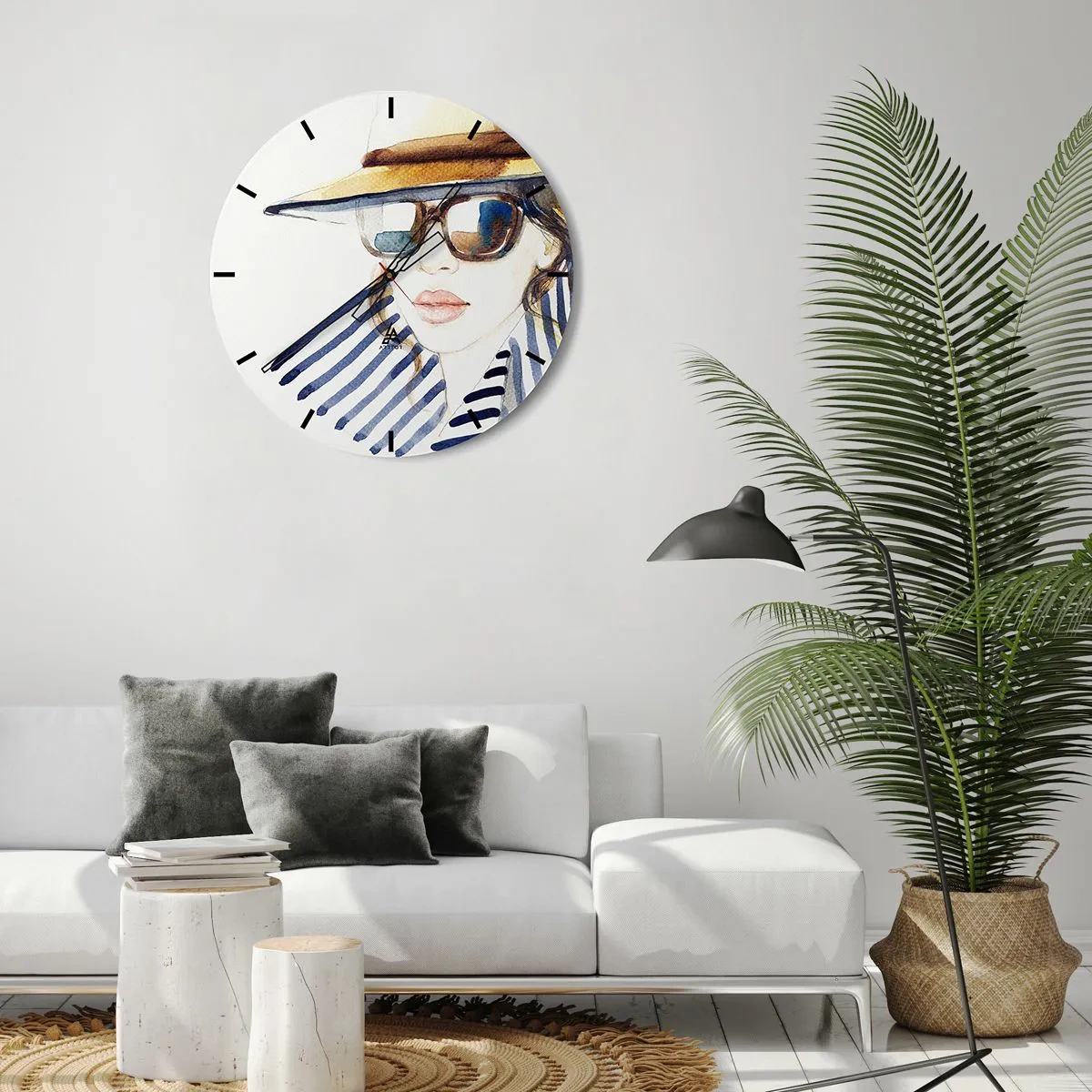 Reloj de pared - Reloj de vidrio - Mujer elegante con sombrero y gafas de sol. - 30x30cm - ¡Florida le da la bienvenida! - Decoración de pared moderna para salón, cocina y dormitorio ARTTOR