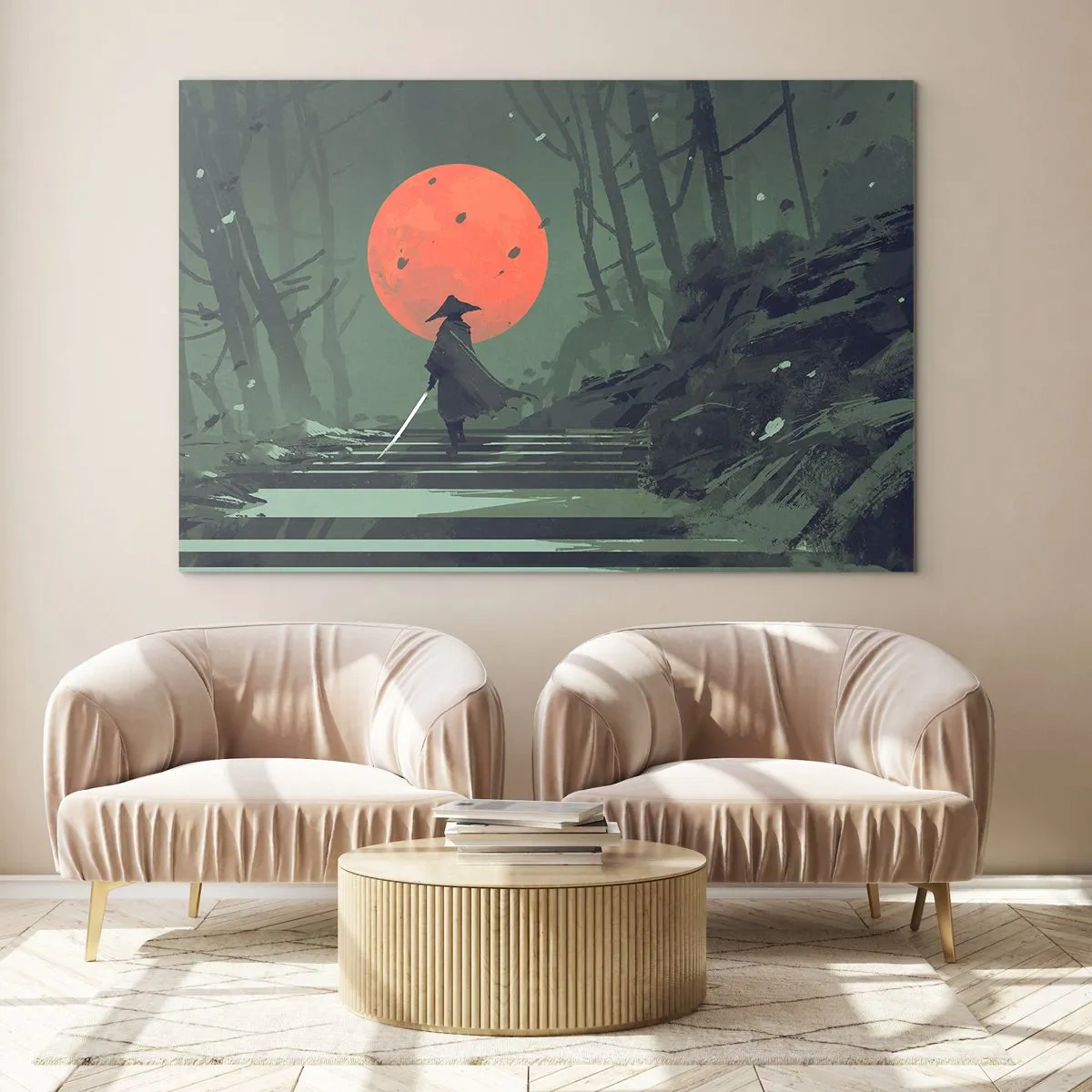 Cuadro sobre vidrio - Impresiones sobre Vidrio - Un guerrero solitario con una espada en el bosque con una luna roja como telón de fondo. - 100x70cm - Guerrero de la luna roja - Decoración de pared moderna para salón y dormitorio ARTTOR