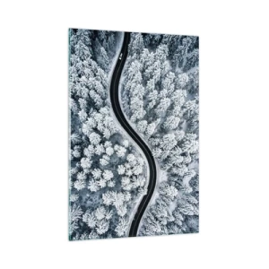 Cuadro sobre vidrio - Impresiones sobre Vidrio - Una vista de pájaro de un camino sinuoso en un bosque invernal. - 80x120cm - A través de un bosque invernal - Decoración de pared moderna para salón y dormitorio ARTTOR