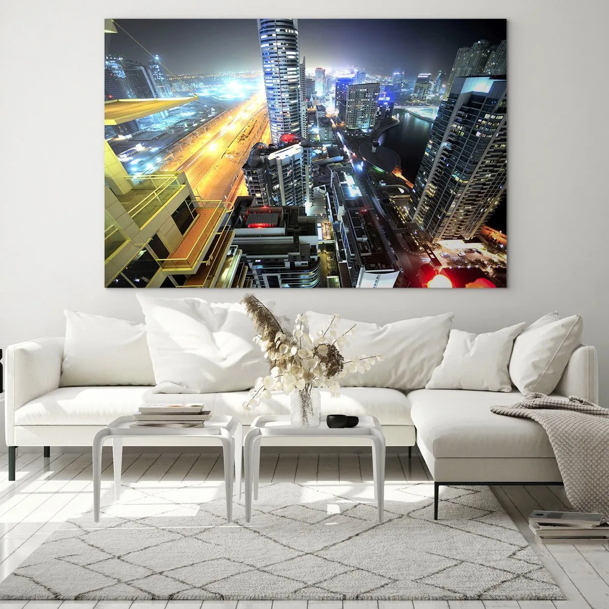 Cuadro sobre vidrio - Impresiones sobre Vidrio - Panorama de la ciudad nocturna con rascacielos iluminados - 70x50cm - Un milagro en el desierto - Decoración de pared moderna para salón y dormitorio ARTTOR