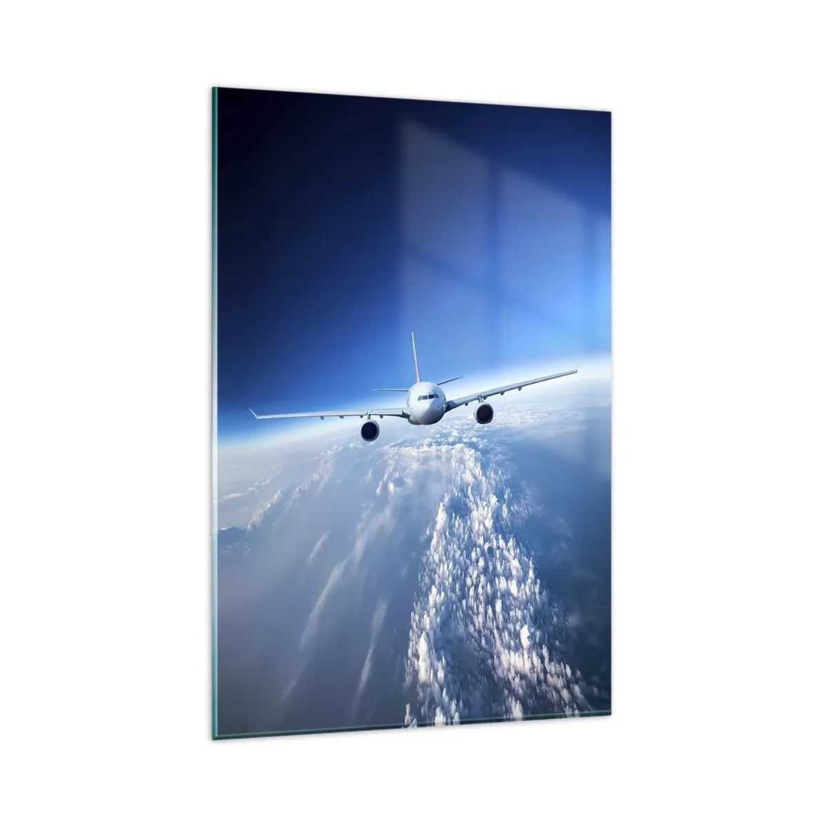 Cuadro sobre vidrio - Impresiones sobre Vidrio - Un avión volando sobre las nubes contra un cielo azul. - 80x120cm - Vuelo porque quiero - Decoración de pared moderna para salón y dormitorio ARTTOR