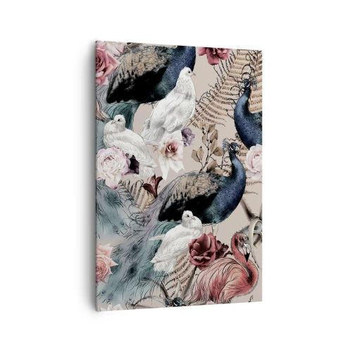 Cuadro sobre lienzo - Impresión de Imagen - Un paisaje con plumas de pavo real, rosas y pájaros en estilo romántico. - 70x100cm - En un jardín de palacio - Decoración de pared moderna para salón y dormitorio ARTTOR