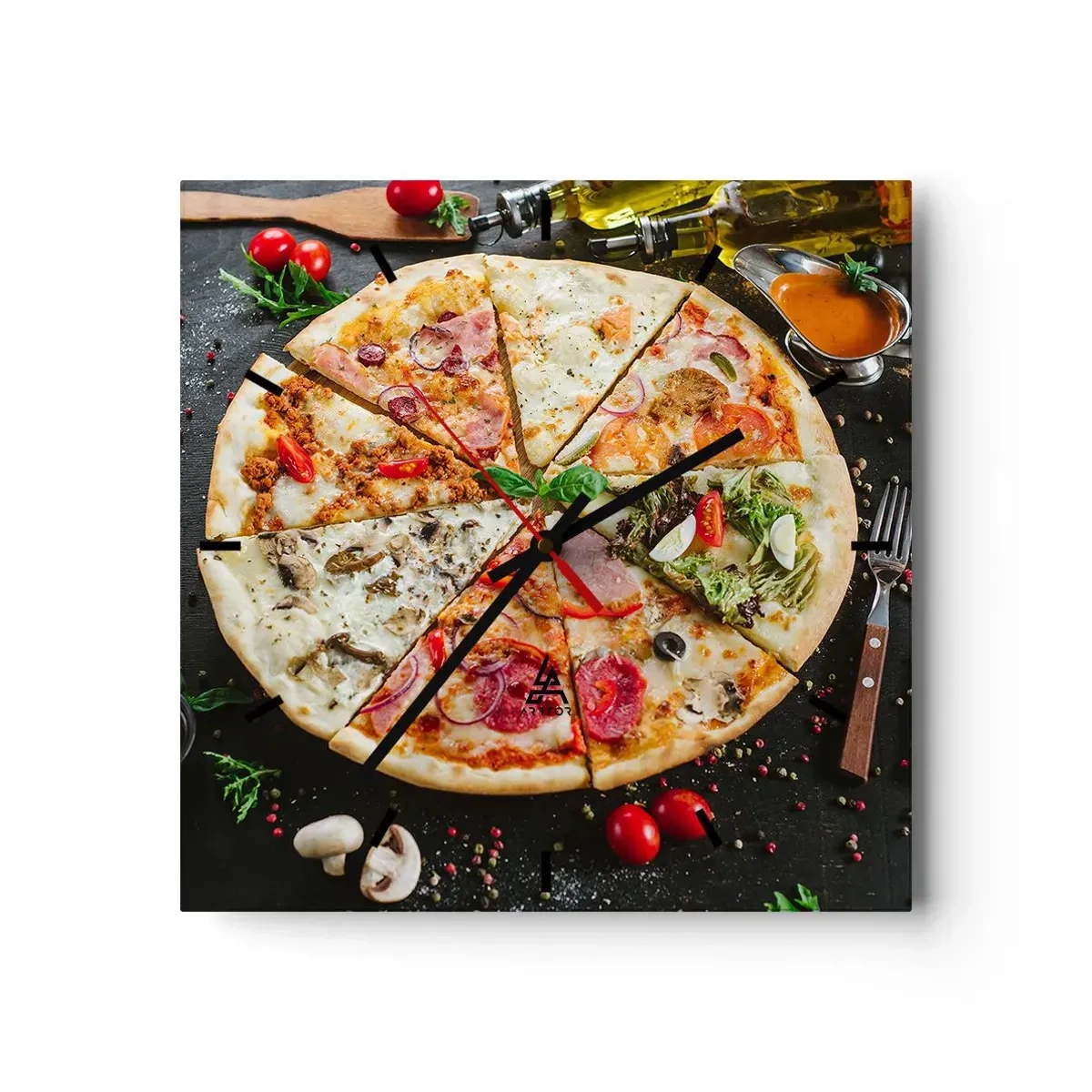 Reloj de pared - Reloj de vidrio - Pizza en varios sabores con fondo de ingredientes. - 30x30cm - Una gama de gustos - Decoración de pared moderna para salón y dormitorio ARTTOR