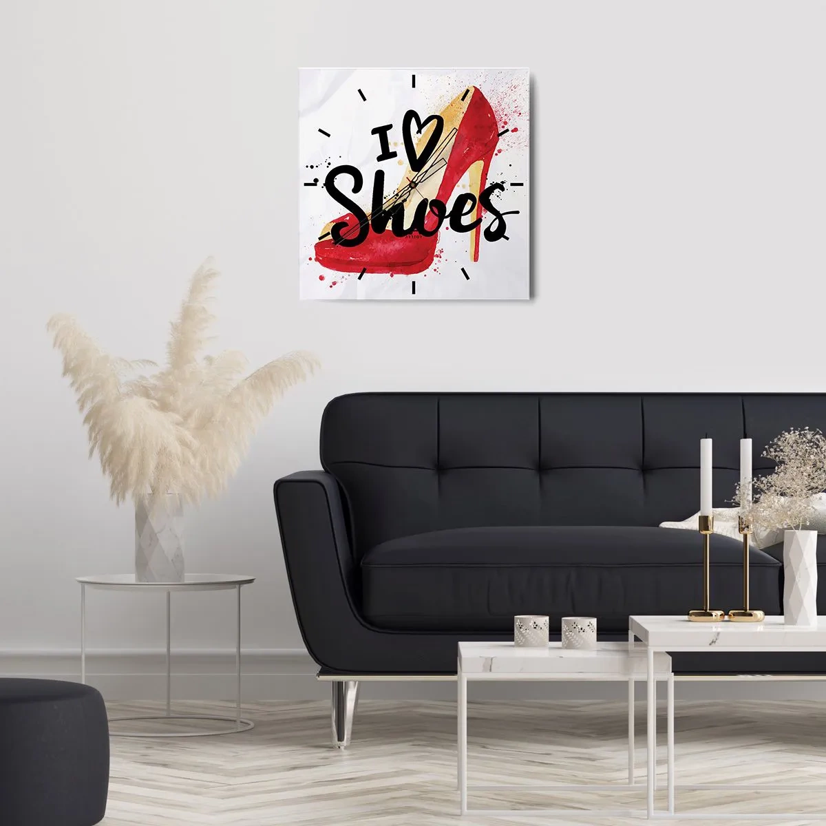 Reloj de pared - Reloj de vidrio - Stiletto rojo con la inscripción I love Shoes sobre fondo blanco - 30x30cm - El amor tiene más de un nombre - Decoración de pared moderna para salón y dormitorio ARTTOR