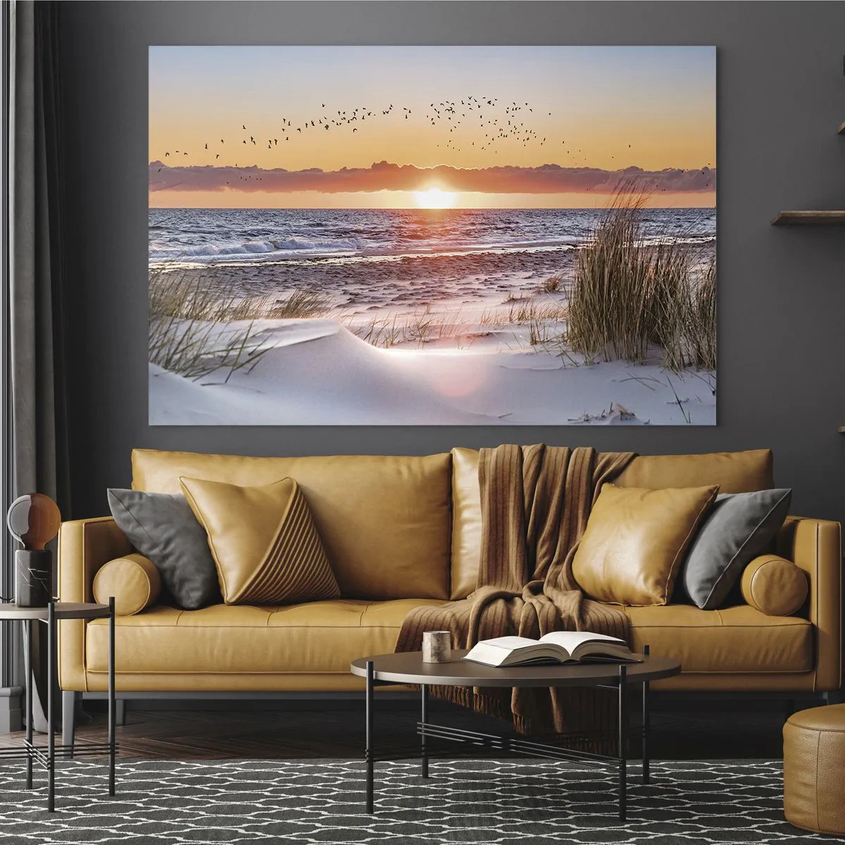 Cuadro sobre vidrio - Impresiones sobre Vidrio - Puesta de sol sobre el mar con pájaros y dunas de arena. - 120x80cm - Paisaje horizontal - Decoración de pared moderna para salón y dormitorio ARTTOR
