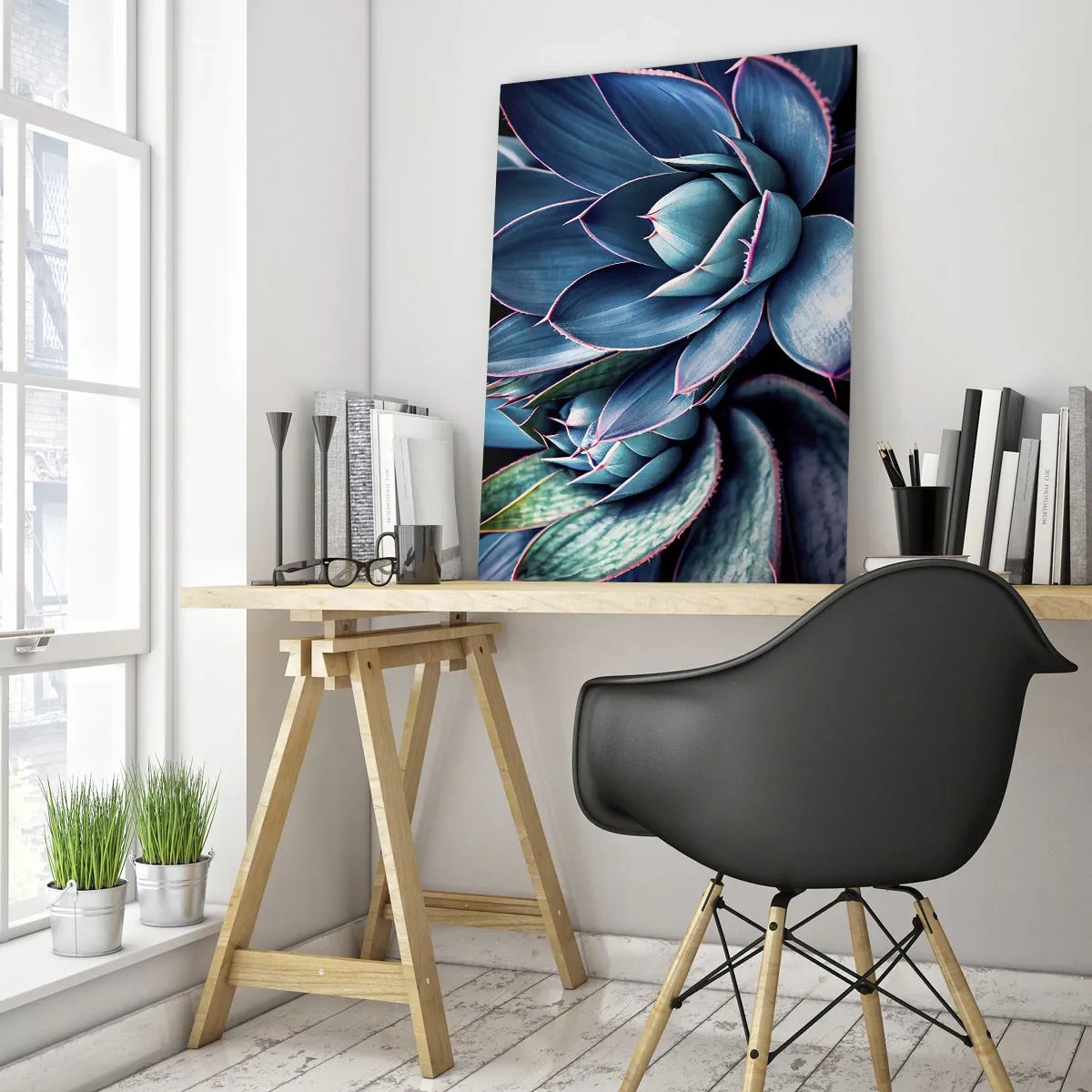 Cuadro sobre vidrio - Impresiones sobre Vidrio - Agave en tonos azules y verdes con acentos rosados. - 70x100cm - Fuerza vital - Decoración de pared moderna para salón y dormitorio ARTTOR