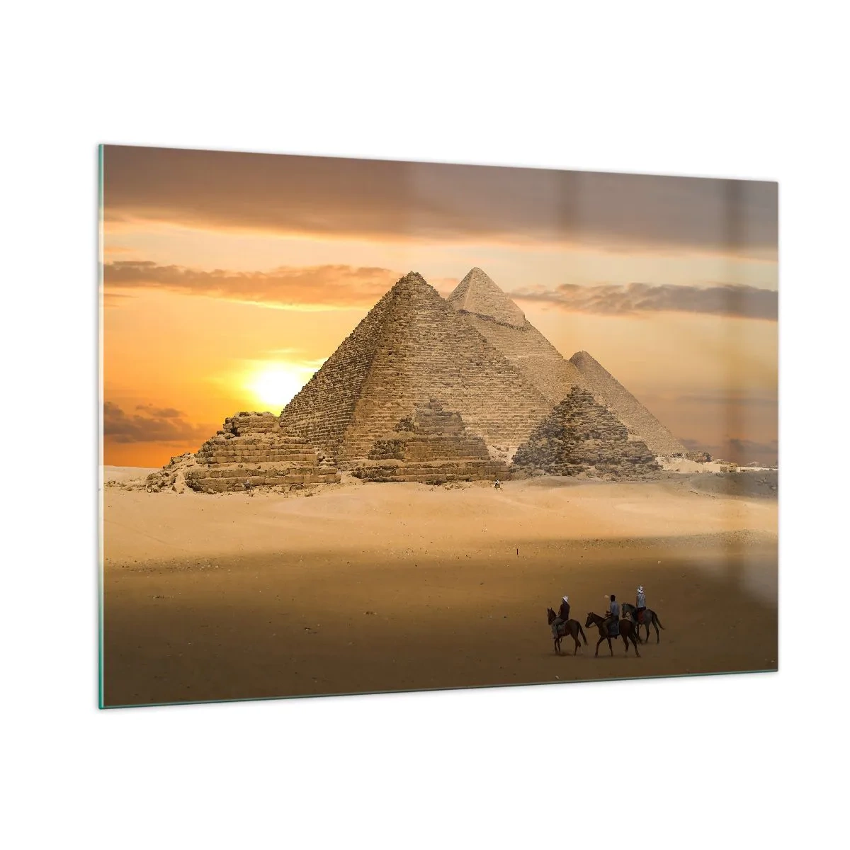 Cuadro sobre vidrio - Impresiones sobre Vidrio - Las pirámides de Giza al atardecer con jinetes a caballo. - 100x70cm - Sin cambios desde hace miles de años - Decoración de pared moderna para salón y dormitorio ARTTOR