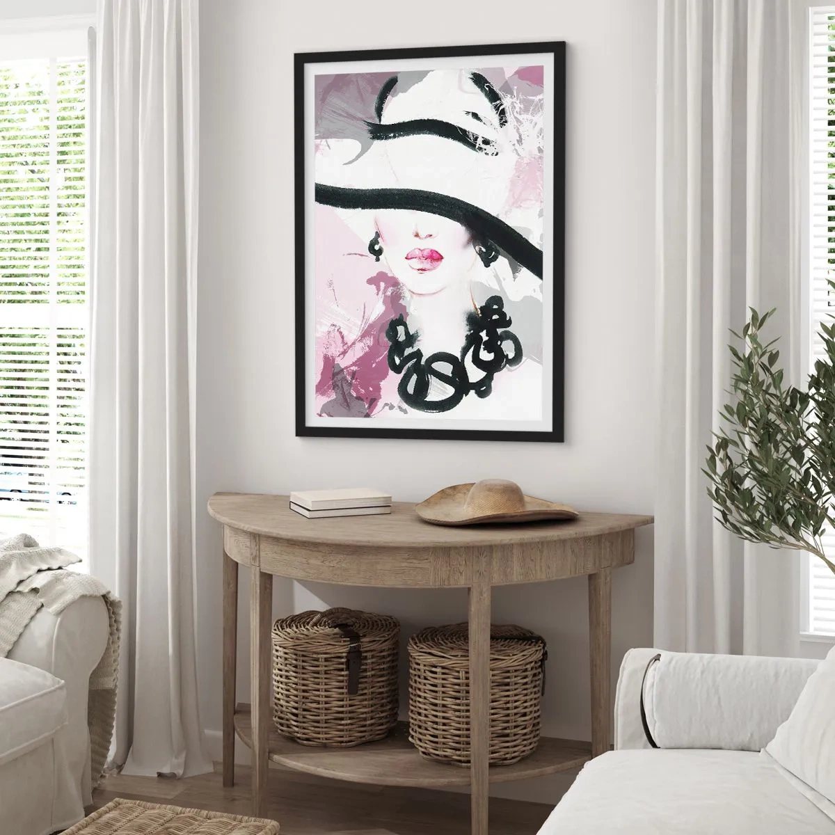 Póster en marco negro - Una elegante ilustración del rostro de una mujer en tonos rosa y negro. - 50x70cm - Retrato de una dama en negro y rosa - Decoración de pared moderna para salón y dormitorio ARTTOR
