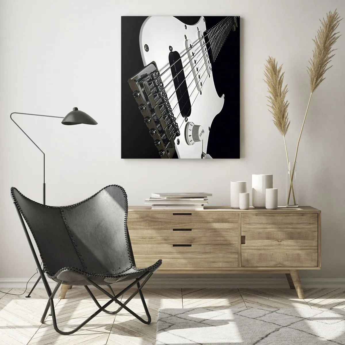 Cuadro sobre vidrio - Impresiones sobre Vidrio - Primer plano de una guitarra eléctrica blanca sobre fondo negro. - 70x100cm - Oculto en blanco está el sonido - Decoración de pared moderna para salón y dormitorio ARTTOR