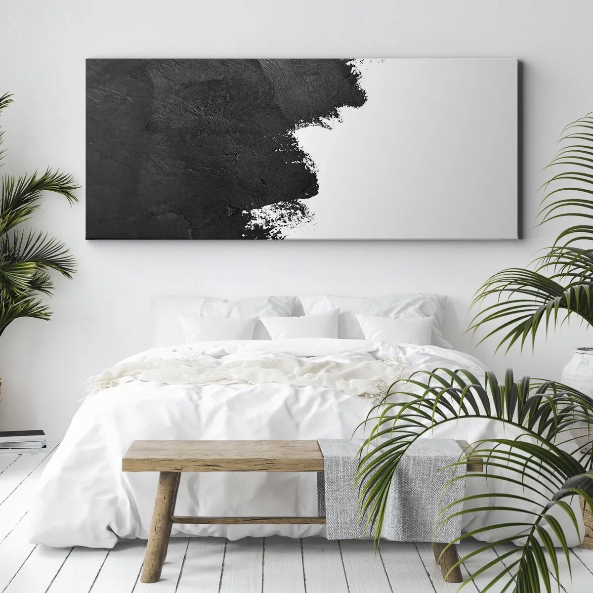 Cuadro sobre lienzo - Impresión de Imagen - Abstracción en blanco y negro con pinceladas contrastantes. - 120x50cm - Elementos: tierra - Decoración de pared moderna para salón y dormitorio ARTTOR