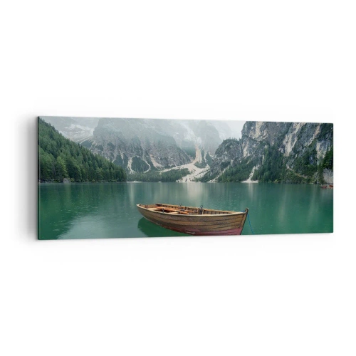 Cuadro sobre lienzo - Impresión de Imagen - Un barco de madera en un muelle en un lago rodeado de montañas. - 140x50cm - Paisaje inolvidable - Decoración de pared moderna para salón y dormitorio ARTTOR