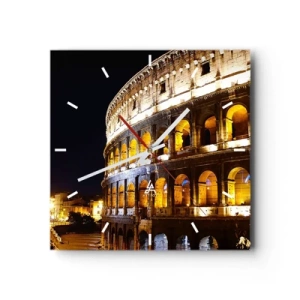Reloj de pared - Reloj de vidrio - El Coliseo iluminado por luces por la noche en Roma - 30x30cm - Los juegos están a punto de comenzar - Decoración de pared moderna para salón y dormitorio ARTTOR