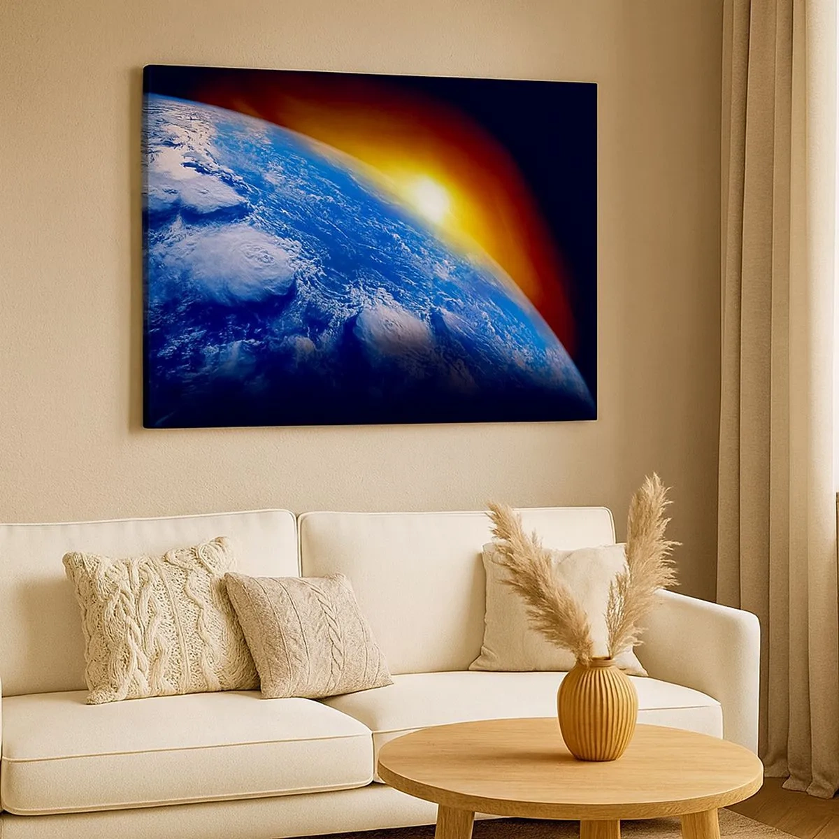Cuadro sobre lienzo - Impresión de Imagen - Vista de la Tierra desde el espacio al atardecer - 70x50cm - Amanecer en un planeta azul - Decoración de pared moderna para salón y dormitorio ARTTOR