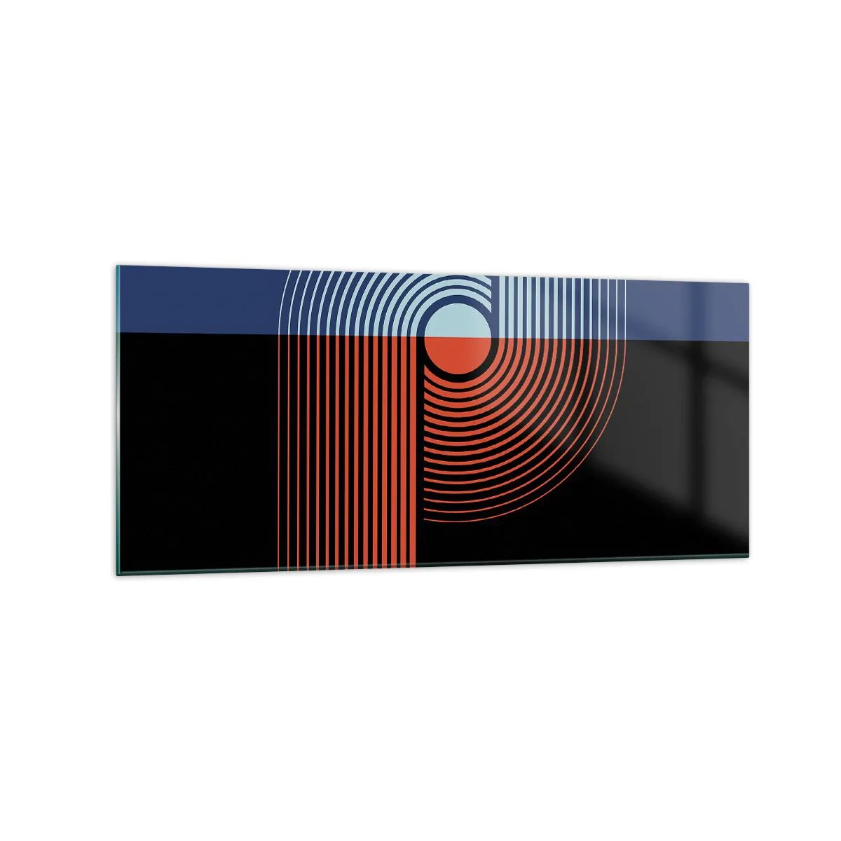 Cuadro sobre vidrio - Impresiones sobre Vidrio - Abstracción geométrica con líneas en azul marino y naranja. - 120x50cm - En un abrazo geométrico - Decoración de pared moderna para salón y dormitorio ARTTOR