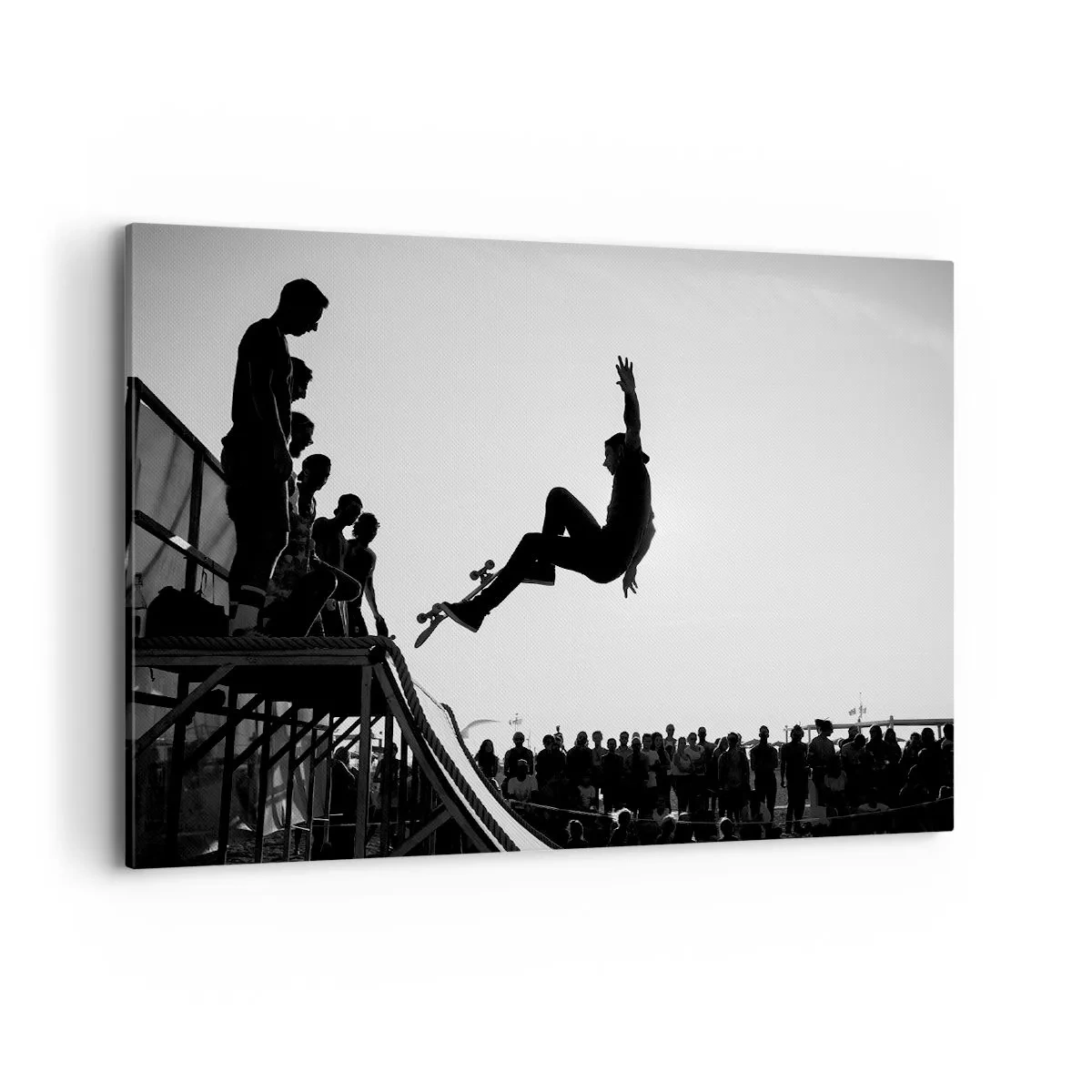 Cuadro sobre lienzo - Impresión de Imagen - Escena de skate en blanco y negro en una rampa - 100x70cm - Héroes y espectadores - Decoración de pared moderna para salón y dormitorio ARTTOR