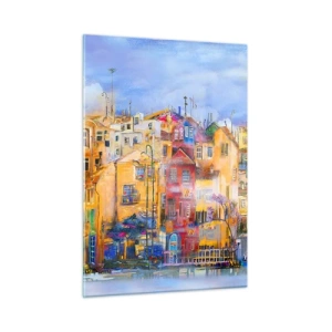 Cuadro sobre vidrio - Impresiones sobre Vidrio - Casas de vecindad coloridas en un entorno urbano artístico - 50x70cm - Estamos juntos - Decoración de pared moderna para salón y dormitorio ARTTOR