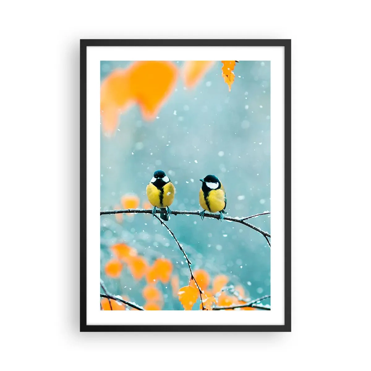 Póster en marco negro - Dos tetas sentadas en una rama en un paisaje invernal - 50x70cm - Cotilleo de pájaros - Decoración de pared moderna para salón y dormitorio ARTTOR