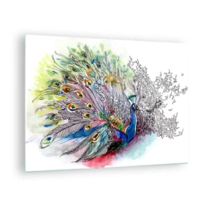 Cuadro sobre vidrio - Impresiones sobre Vidrio - Pavo real colorido en un estilo artístico de acuarela. - 70x50cm - Con orgullo contra el gris  - Decoración de pared moderna para salón y dormitorio ARTTOR