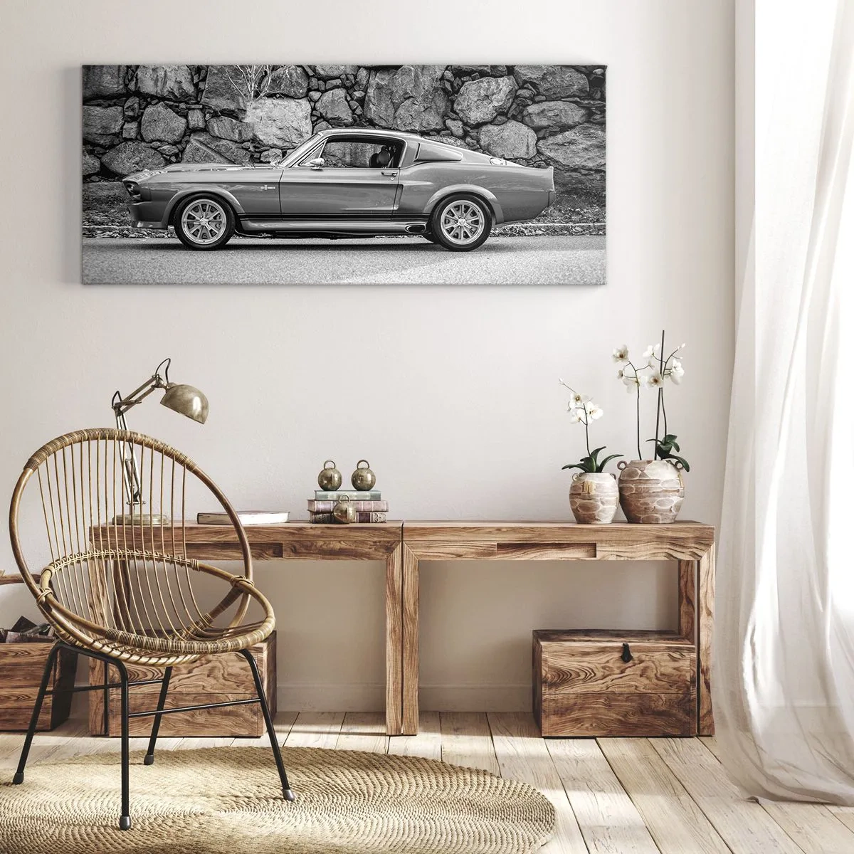 Cuadro sobre lienzo - Impresión de Imagen - Fotografía en blanco y negro de un coche clásico. - 140x50cm - Una leyenda de los años 60 - Decoración de pared moderna para salón y dormitorio ARTTOR