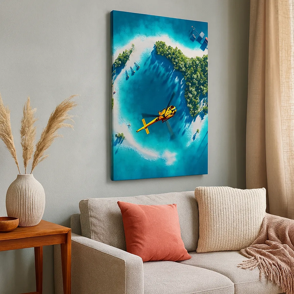 Cuadro sobre lienzo - Impresión de Imagen - Una isla tropical rodeada de agua turquesa con un helicóptero a la vista. - 50x70cm - Cómprate una isla - Decoración de pared moderna para salón y dormitorio ARTTOR