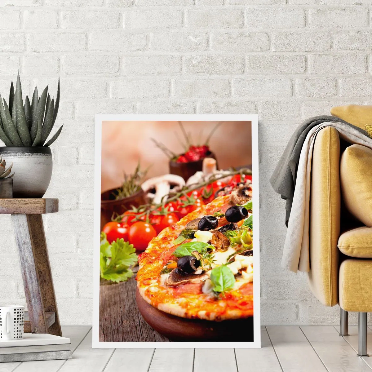 Póster - Pizza con aceitunas y hierbas con ingredientes frescos. - 50x70cm - De ingredientes puros - Decoración de pared moderna para salón y dormitorio ARTTOR