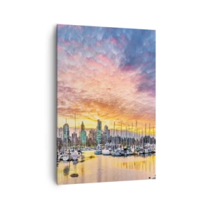 Cuadro sobre lienzo - Impresión de Imagen - Puerto deportivo con yates y paisaje urbano al atardecer - 70x100cm - Una ciudad de mil marineros - Decoración de pared moderna para salón y dormitorio ARTTOR
