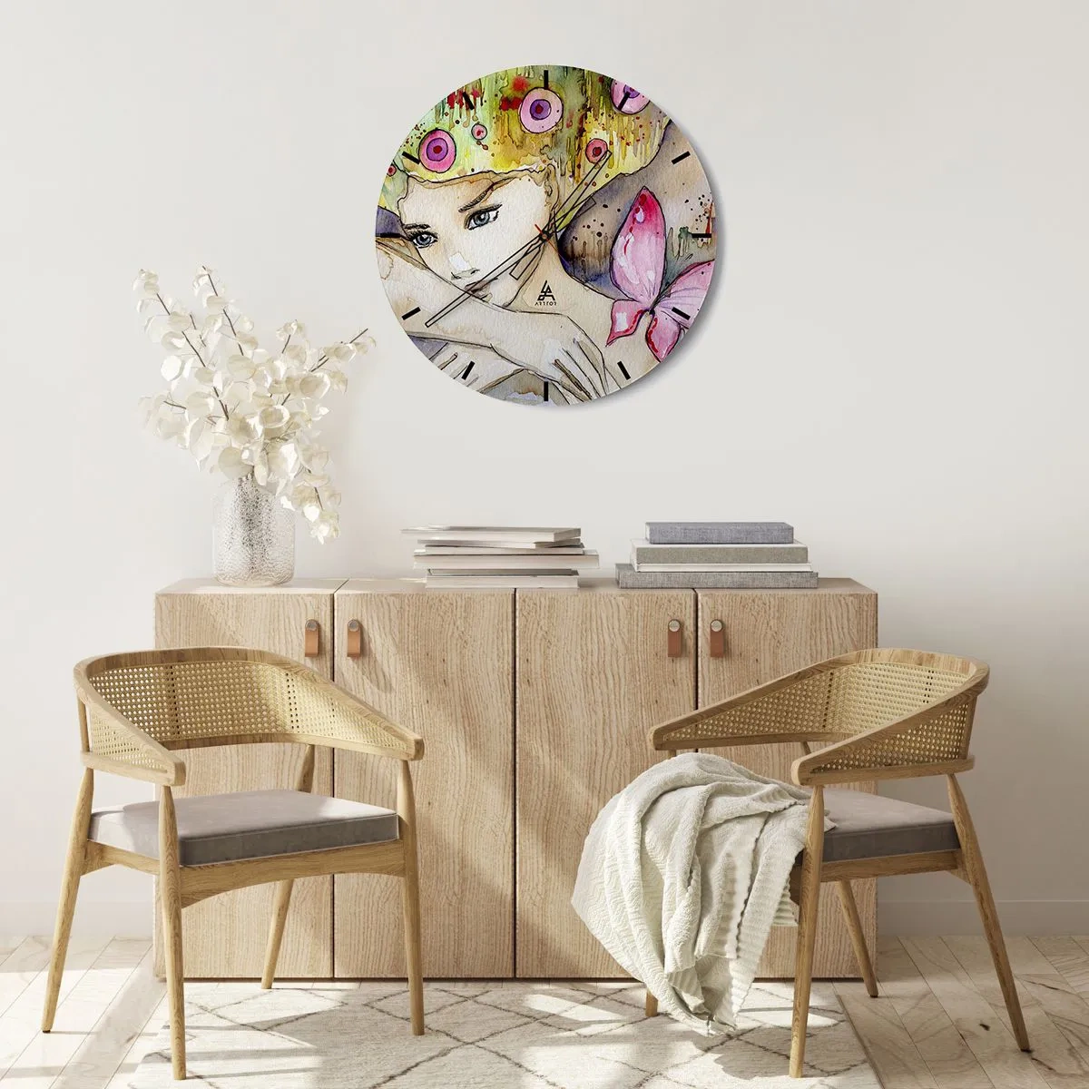 Reloj de pared - Reloj de vidrio - Una pintura de acuarela de una mujer con un motivo de mariposa y detalles coloridos. - 30x30cm - Una princesa mariposa - Decoración de pared moderna para salón, cocina y dormitorio ARTTOR