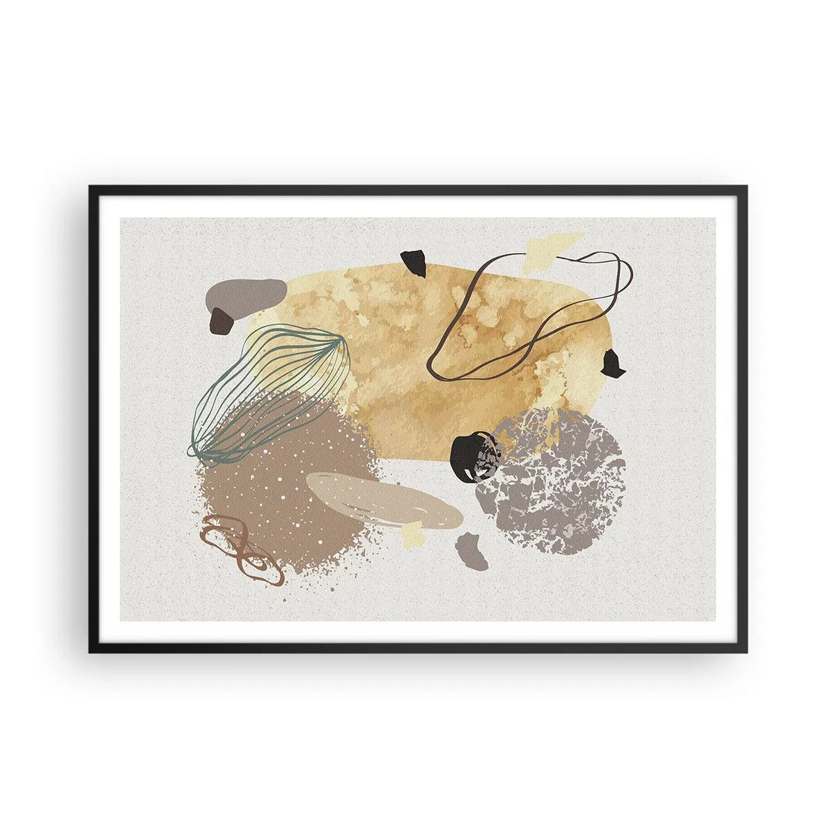 Póster en marco negro - Una composición de formas abstractas en beige y amarillo. - 100x70cm - Plumología aplicada - Decoración de pared moderna para salón y dormitorio ARTTOR