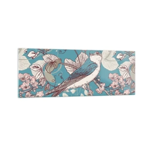 Cuadro sobre vidrio - Impresiones sobre Vidrio - Un pájaro en una rama en un delicado estilo floral. - 140x50cm - En el cerezo - Decoración de pared moderna para salón y dormitorio ARTTOR