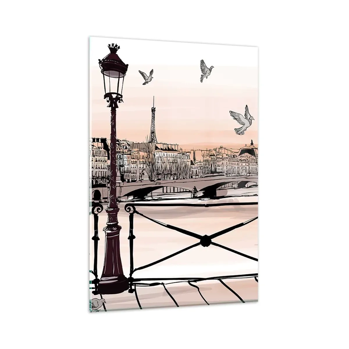 Cuadro sobre vidrio - Impresiones sobre Vidrio - Vista parisina con una linterna y un puente. - 80x120cm - Sobre los tejados de París - Decoración de pared moderna para salón y dormitorio ARTTOR