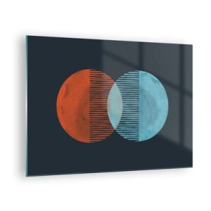 Cuadro sobre vidrio - Impresiones sobre Vidrio - Dos planetas coloridos que se cruzan con un patrón geométrico. - 70x50cm - Fantasía astronómica - Decoración de pared moderna para salón y dormitorio ARTTOR