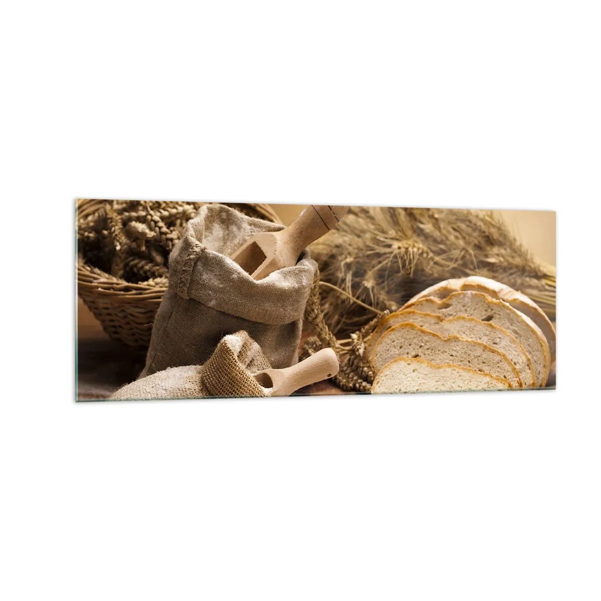 Cuadro sobre vidrio - Impresiones sobre Vidrio - Un paisaje con pan, harina y espigas de trigo en estilo rústico. - 140x50cm - Corte perfecto - Decoración de pared moderna para salón y dormitorio ARTTOR