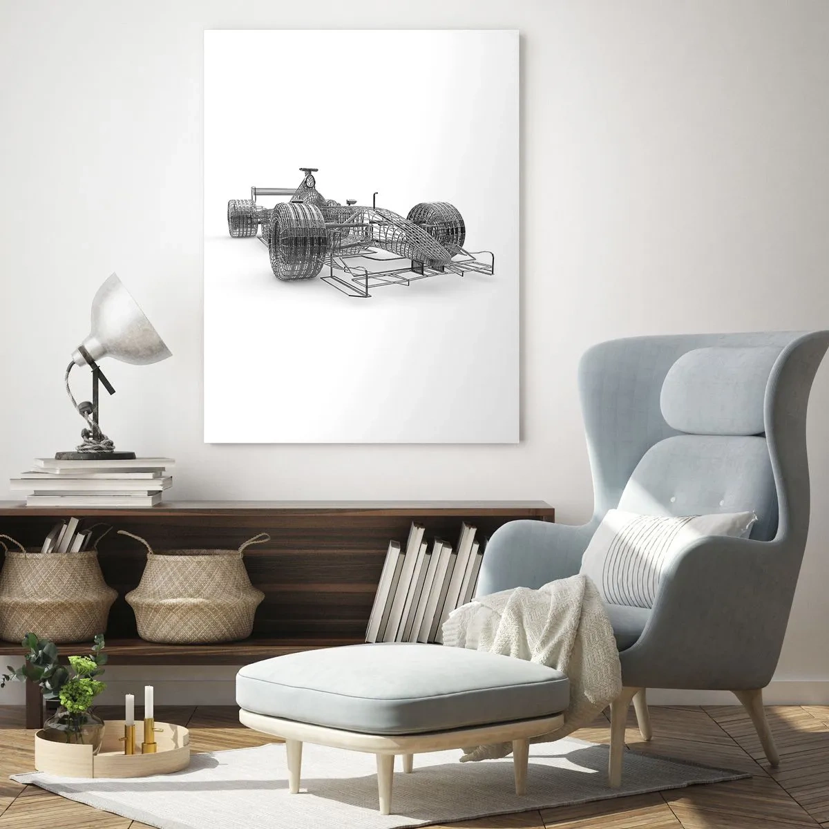 Cuadro sobre vidrio - Impresiones sobre Vidrio - Un boceto de diseño de un coche de carreras sobre un fondo claro. - 70x100cm - Construcción perfecta - el impulso - Decoración de pared moderna para salón y dormitorio ARTTOR