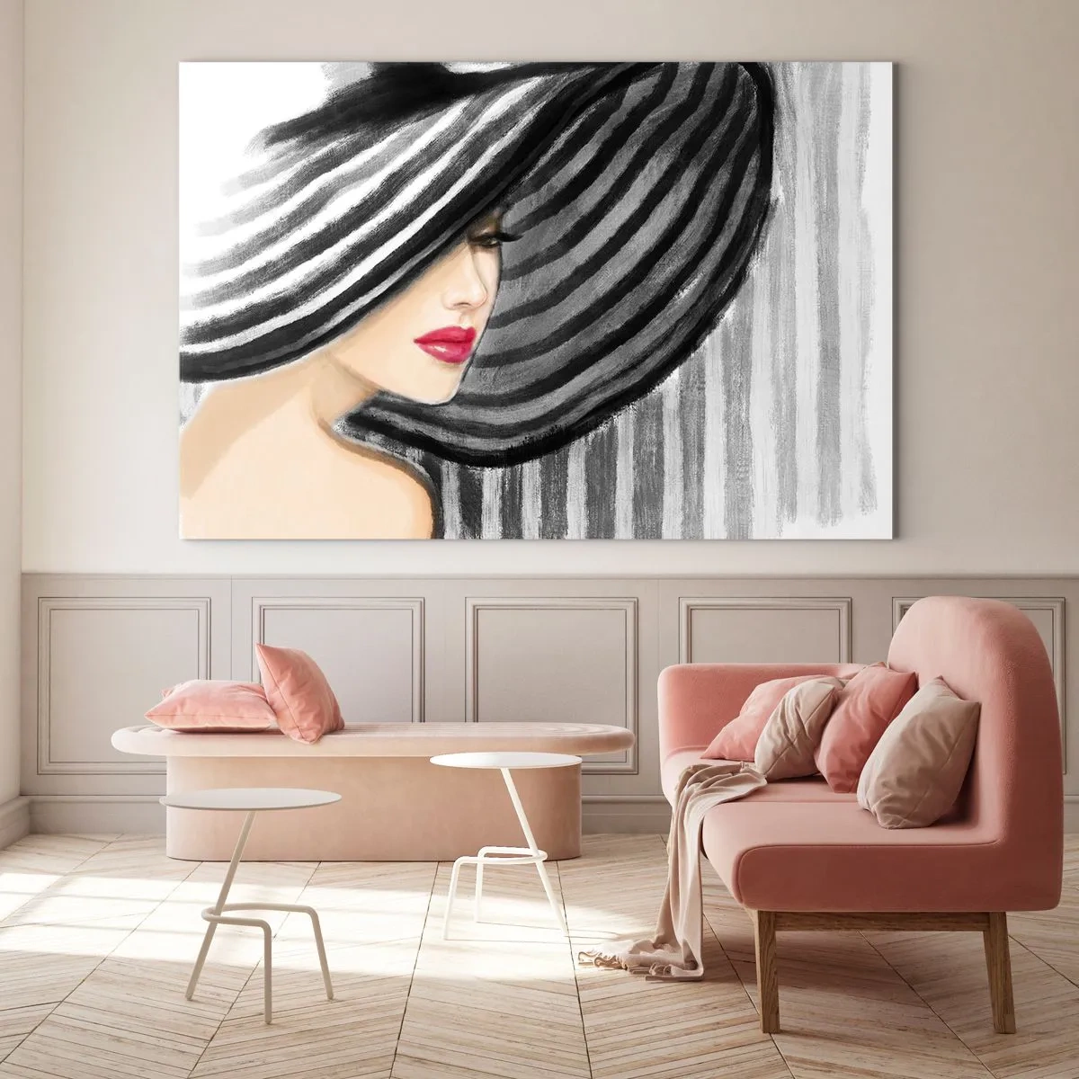 Cuadro sobre vidrio - Impresiones sobre Vidrio - Mujer elegante con un sombrero de rayas blancas y negras - 100x70cm - ¿Dónde puedo encontrarte? - Decoración de pared moderna para salón y dormitorio ARTTOR