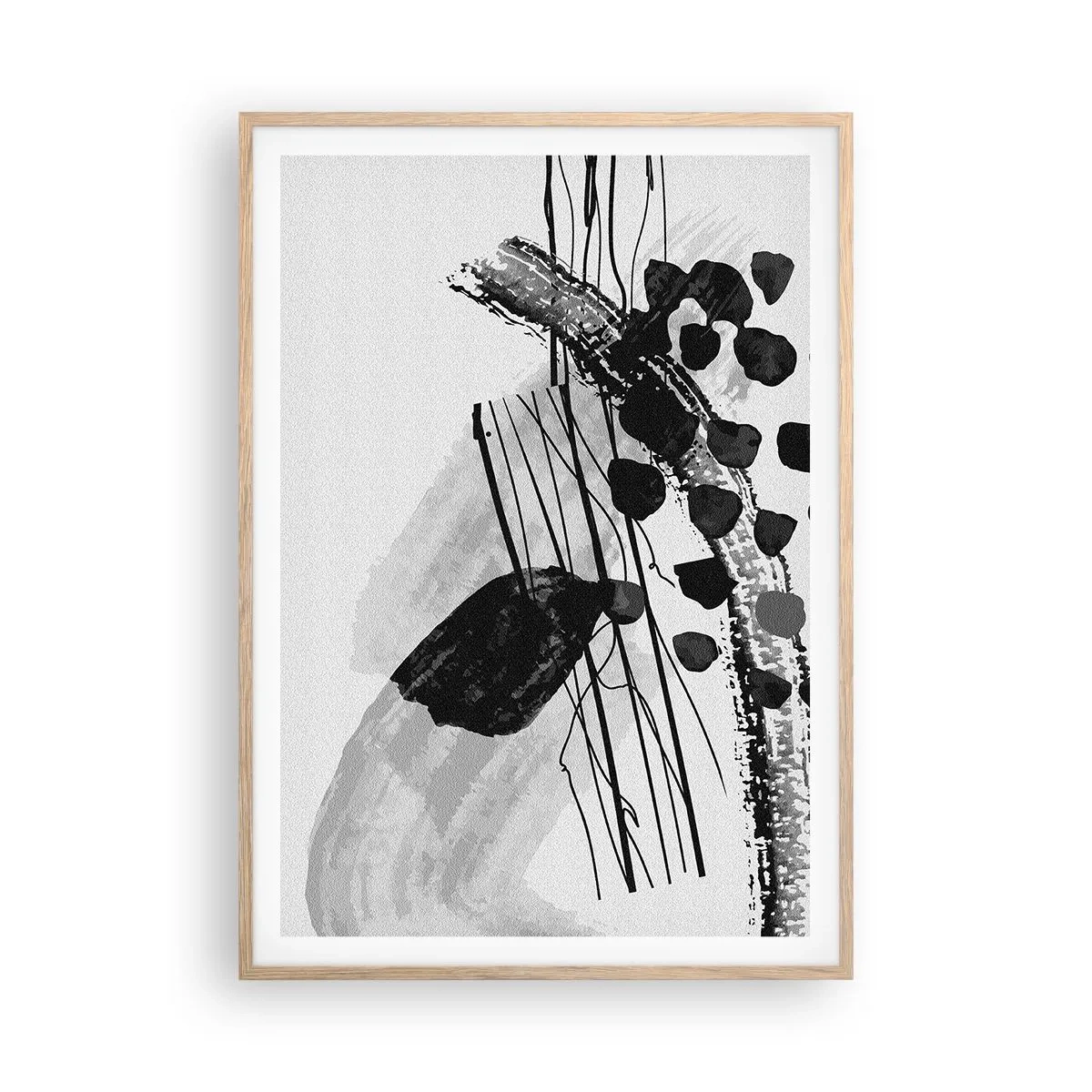Póster en marco roble claro - Abstracción orgánica en blanco y negro - 70x100 cm