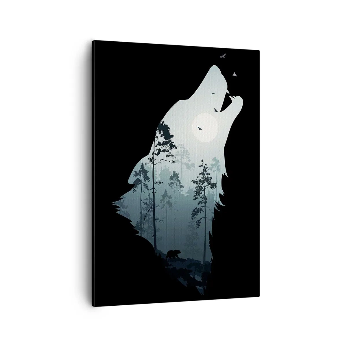 Cuadro sobre lienzo - Impresión de Imagen - Silueta de un lobo con un bosque y la luna al fondo - 50x70cm - Voz de la noche del bosque - Decoración de pared moderna para salón y dormitorio ARTTOR