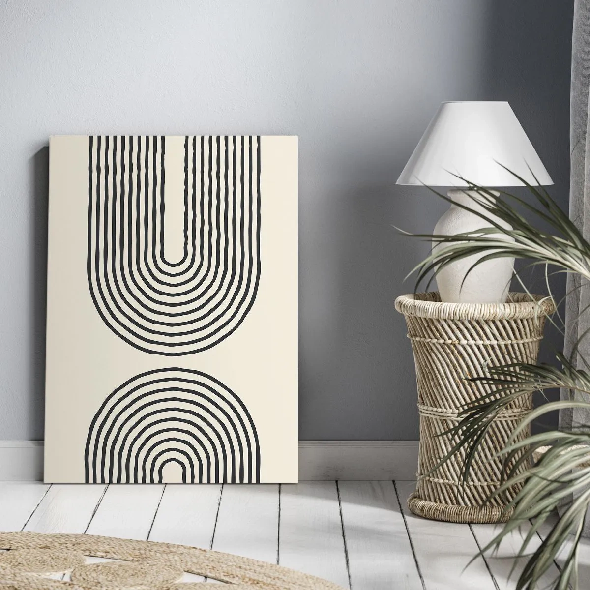 Cuadro sobre lienzo - Impresión de Imagen - Patrón geométrico abstracto con líneas simétricas sobre un fondo claro. - 80x120cm - Próximamente... - Decoración de pared moderna para salón y dormitorio ARTTOR