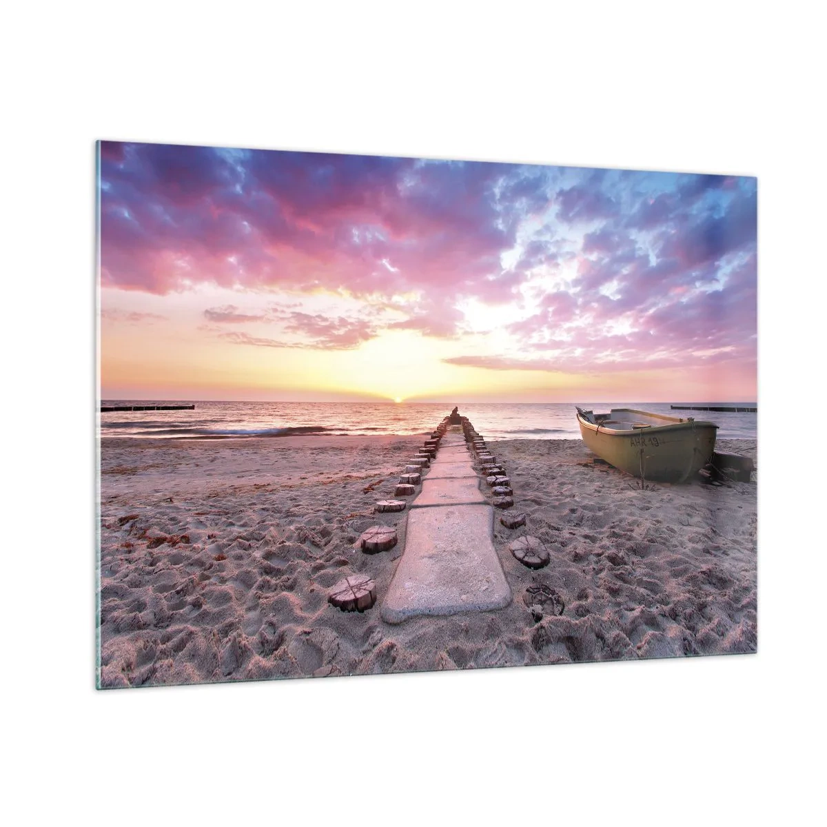 Cuadro sobre vidrio - Impresiones sobre Vidrio - Playa al atardecer con barco y muelle - 100x70cm - Un momento de profunda experiencia - Decoración de pared moderna para salón y dormitorio ARTTOR