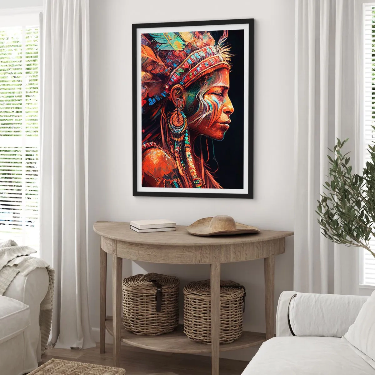 Póster en marco negro - Retrato de una mujer con un tocado de plumas tradicional - 50x70cm - Un ritual mágico - Decoración de pared moderna para salón y dormitorio ARTTOR