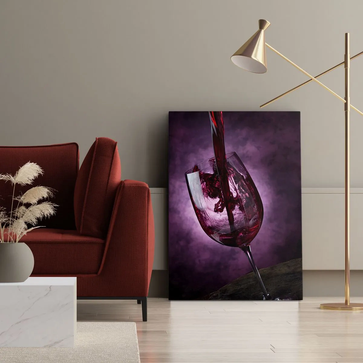 Cuadro sobre lienzo - Impresión de Imagen - Vino tinto vertido en una copa sobre un fondo de humo púrpura. - 50x70cm - ¿Escarlata? ¿Carmín? No, rubí. - Decoración de pared moderna para salón y dormitorio ARTTOR