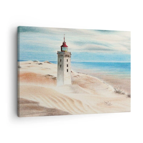 Cuadro sobre lienzo - Impresión de Imagen - Un faro rodeado de dunas de arena y un cielo azul. - 70x50cm - Siempre mirando al mar - Decoración de pared moderna para salón y dormitorio ARTTOR