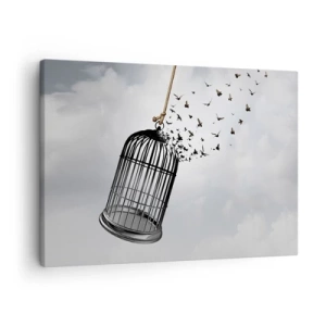 Cuadro sobre lienzo - Impresión de Imagen - Pájaros volando desde una jaula contra el cielo. - 70x50cm - Fe... Esperanza... ¡Libertad! - Decoración de pared moderna para salón y dormitorio ARTTOR