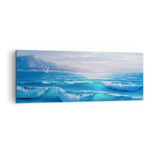 Cuadro sobre lienzo - Impresión de Imagen - Un pintoresco paisaje marino con olas y un cielo azul. - 140x50cm - Trae consuelo - Decoración de pared moderna para salón y dormitorio ARTTOR